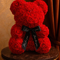 Luxury Rose Teddy Bear (White, Red & Pink) – Eternal Flower Gift with Satin Ribbon