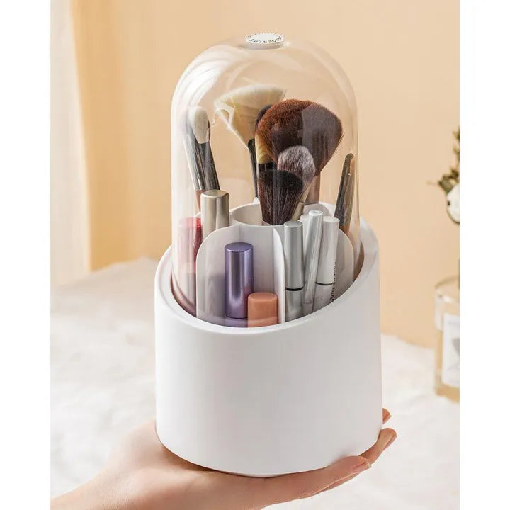 360° Rotating Makeup Brush Organizer with Dustproof Cover – Cosmetic Storage Holder