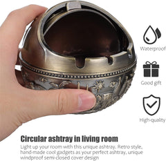 Retro Metal Round Cigarette Ashtray with Lid – Windproof & Stylish