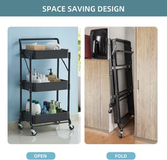 3-Tier Folding Kitchen Storage Trolley – Mobile Utility Rack for Home, Dining & Office Use
