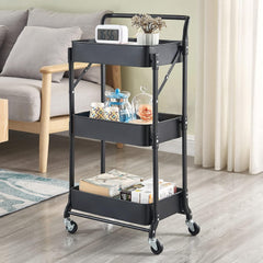 3-Tier Folding Kitchen Storage Trolley – Mobile Utility Rack for Home, Dining & Office Use