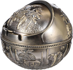 Retro Metal Round Cigarette Ashtray with Lid – Windproof & Stylish