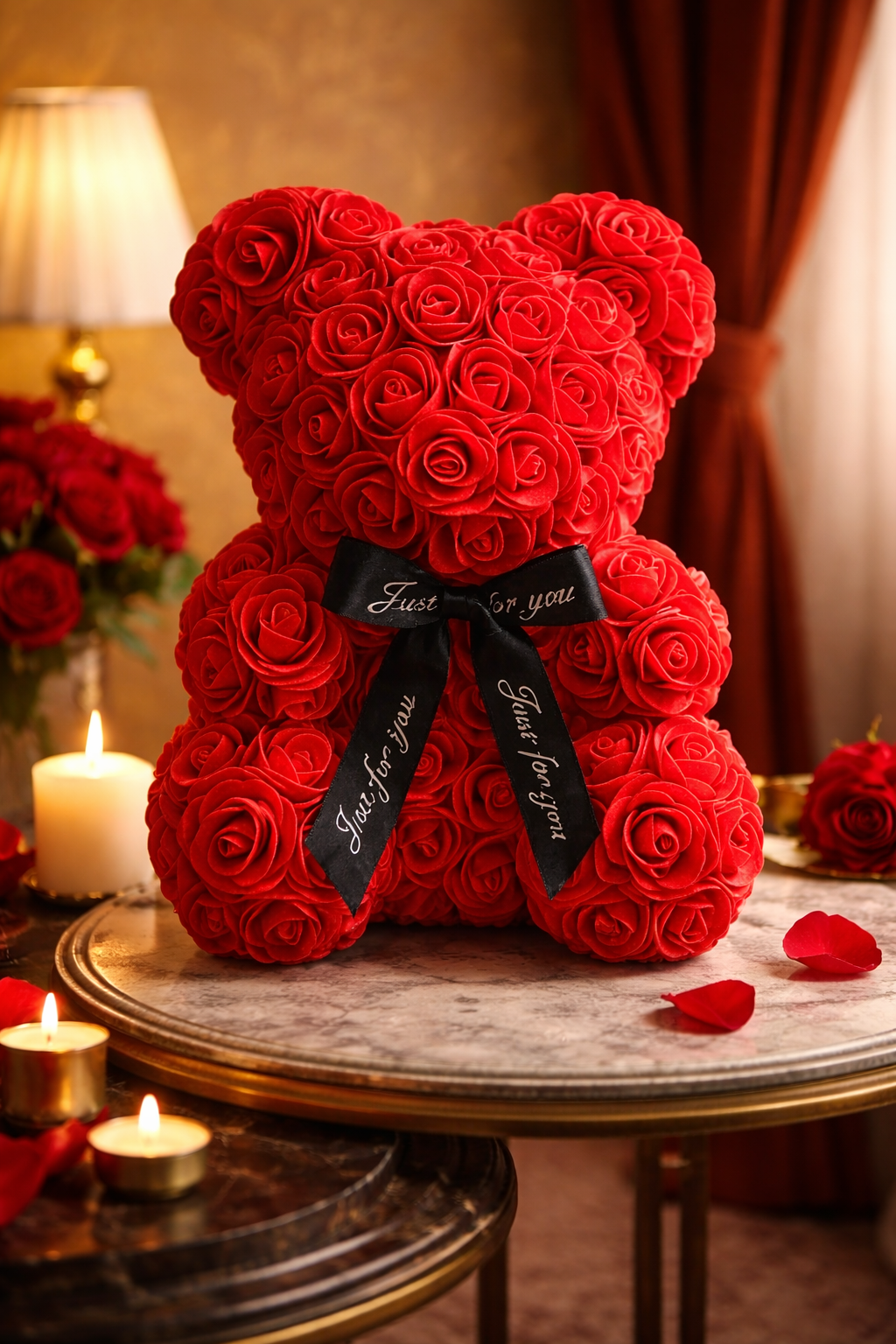 Luxury Rose Teddy Bear (White, Red & Pink) – Eternal Flower Gift with Satin Ribbon