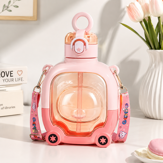 TeddyRide Kids Straw Water Bottle with Carry Strap