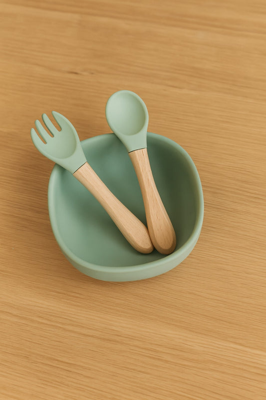 Eco-Friendly Silicone Baby Feeding Set with Wooden Handles – Bowl, Spoon & Fork