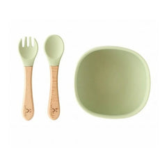 Eco-Friendly Silicone Baby Feeding Set with Wooden Handles – Bowl, Spoon & Fork
