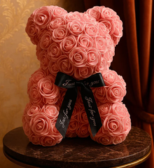 Luxury Rose Teddy Bear (White, Red & Pink) – Eternal Flower Gift with Satin Ribbon